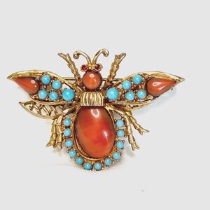 Vintage Bug Beetle Brooch Gold Tone Glass and Acrylic Coral and Turquoise colors